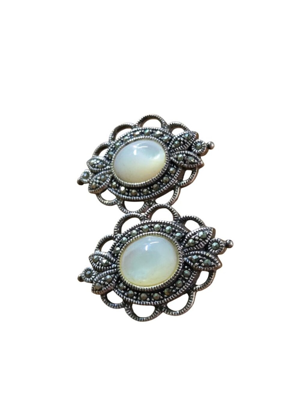 Vintage Art Deco Sterling Marcasite Moonstone Clip Earrings 1" Classic